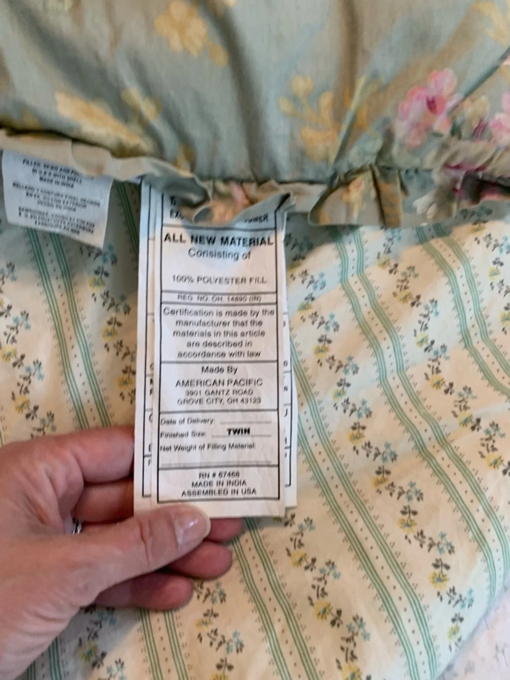 Vintage Liz Claiborne Sage Green Floral Comforter Cover with Pink Blossoms